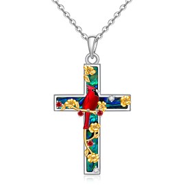 Fenthring Cardinal Necklace Sterling Silver Abalone Cross Necklaces for Women Red Cardinal Gifts for Lloss of Loved One Memorial Bird Christmas Jewelry