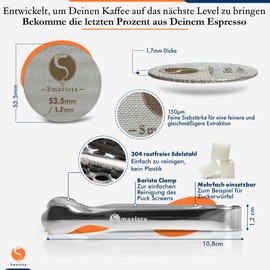 SMARISTA® Puck Screen 53.5 mm - With Barista Clamp for Easy Cleaning - Espresso Strainer for Portafilter - 1.7 mm Thick, 150 μm - Troubleshooting Guide