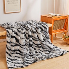 XeGe Luxury Faux Fur Throw Blanket, Soft Zebra Print Fluffy Bed Blanket, Shaggy Plush Decorative Farmhouse Blanket, Cute Furry Throw Fuzzy Blanket for Bedroom Living Room, Zebra Print Black, 60x90