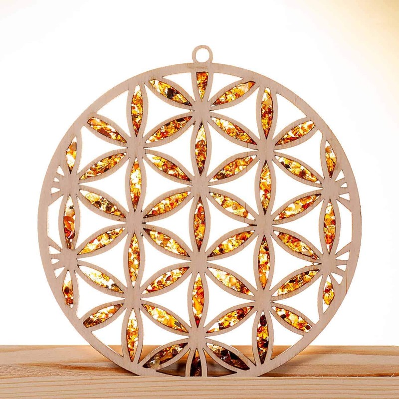 Suncatcher Amber in Birch Wood Flower of Life Window Decoration