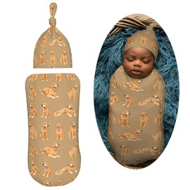 Muishi Funny Cute Golden Retriever Dog Newborn Swaddle Blankets Hat Sets Soft Baby Receiving Blanket Swaddle Sack for Baby Shower Infant Boy Girl Gift