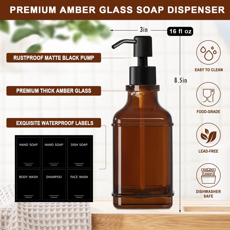 Modern Kitchen Soap Dispenser Set with Wood Tray, Amber Glass