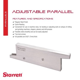Starrett 154D Paralelo ajustable, rango de 15/16 pulgadas - 1-5/16 pulgadas, longitud de 3-9/16 pulgadas, grosor de 9/32 pulgadas