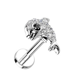 PiercedOff 316L Surgical Steel Labret with Clear CZ Paved Dolphin - Length 8mm Width 1.2mm