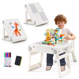 JooKiddie Toddler Table and Chair Set, Foldable Building Block Table for Kids, Double-Sided Drawing & Building Kids Activity Tables, Include 5 Markers & Board Eraser