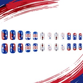 4th of July Press on Nails Medium Square Fake Nails with Stars Designs Stripes Nails Press ons Red White Blue Acrylic Nails Independence Day Glue on Nails Glossy Stick on Nails for Women 24Pcs