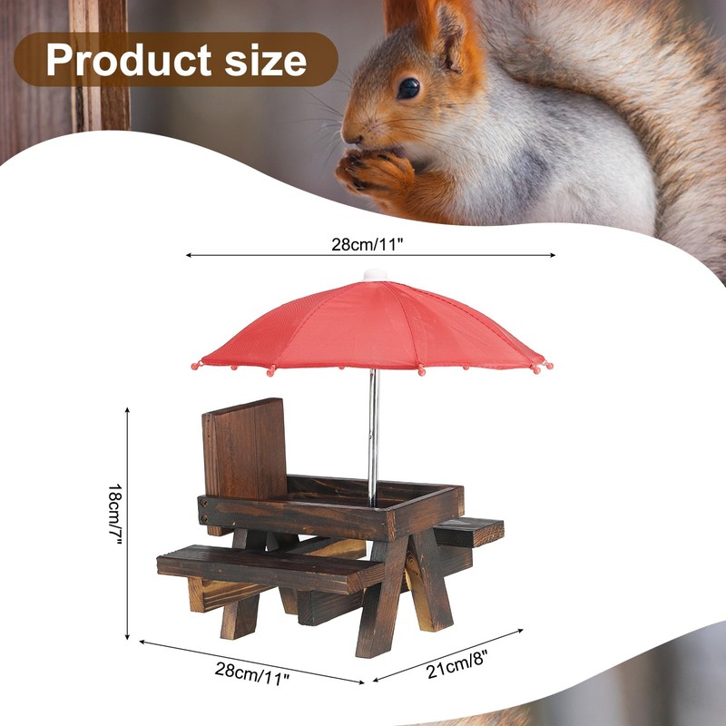 PATIKIL Squirrel Feeder Picnic Table with Red Umbrella 7x8x11inch, Wooden