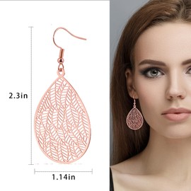Rose Gold Plated Teardrop Drop Dangle Earrings Rose Gold Leaf Earrings for Women Trendy Filigree Hanging Earrings for Gift