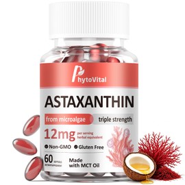 PhytoVital Astaxanthin 12mg with MCT Oil, 60 Softgels (2-Month Supply) – Triple Strength Antioxidant Supplement from Haematococcus Pluvialis – Non-GMO, Gluten-Free, Vegan