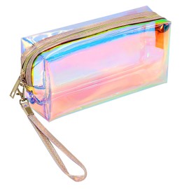 Clear Iridescent Holographic Makeup Bag, Thick PVC Small Clear Toiletry Bag for Travel, Waterproof Cosmetic Bag with Durable Zipper, Portable Transparent Pouch Organizer for Women, 7.3 * 3 * 4.1 Inch
