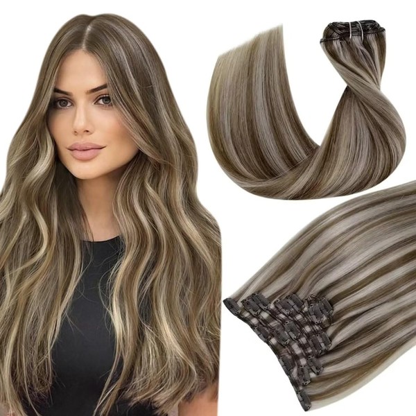 Hetto Clip Extensions Real Hair Ombre Clip-In Real Hair Remy Black with Silver Clip Extensions Hair Extensions Balayage Black with Silver #1B/Silver/1B 40 cm 120 g