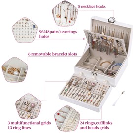 BOOVO Earring Jewelry Box For Women Girl Stud Organizer, 4 Layers Girl Jewelry Organizer Box With Lock Earring Holder Organizer Necklace Ring Jewelry Organizer Box For Girls (White, 4 layer)