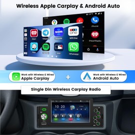 Hikity 5 Inch Single Din Car Stereo with Wireless Carplay Android Auto, Touch Screen Car Radio with Bluetooth 5.0, Mirror Link, Type-C, FM, SWC, USB, Car Audio Receiver with Mic/Backup Cam,