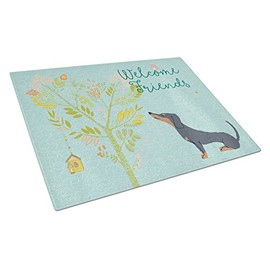 Caroline's Treasures BB7630LCB Welcome Friends Black Tan Dachshund Glass Cutting Board Large, 12H x 16W, multicolor