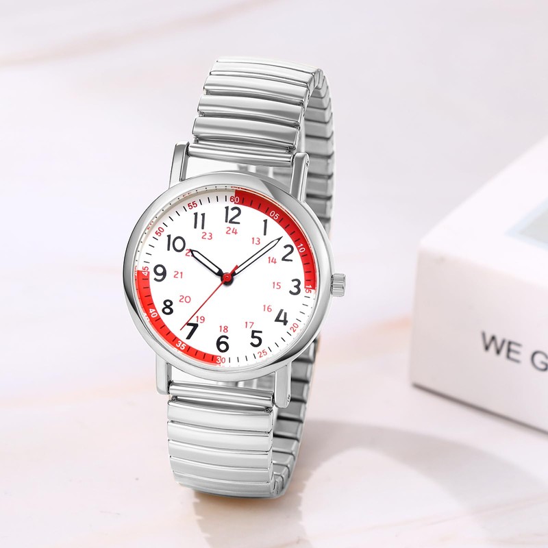 腕時計 レディース 弾性ベルト フリーサイズ 防水: クオーツウォッチ 24時間 ステンレス アナログ表示 見やすい文字盤