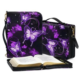 Wnbucioht Bible Cover Case for Women Purple Butterfly，Zippered Bible Bag Protects Prayer and Study Items Gift for Women Girls with Storage Pockets，Church Bag for Pastor Appreciation Gifts L