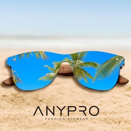 ANYPRO Wooden Sunglasses Men's Polarised Sunglasses Women's Vintage Oversized Sun Glasses with Wooden Temples and UV Protection, blue