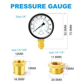 ERGAOBOY 0-7 Bar 2" Dial 1/4" BSP Well Pump Pressure Gauge with 1/2" BSP and 3/8" BSP Brass Socket Adapter, 3-2-3% Accuracy, Lower Bracket