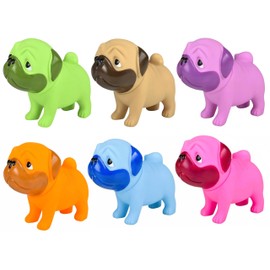 Zugar Land Big Rubber Pug Dog with Squeaky Sound and Movable Head (Large - 5.5" Toll and 6" Wide) Collectible 6 Colors: Pink, Purple, Green, Blue, Beige and Orange. (6 Pack (1 of Each Color))
