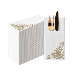 PAW - Linen Feel Napkins with Built-in Flatware Pocket, Soft and Absorbent Paper Pre-Folded Napkins with Golden Ornament, Elegant Guest Towels, Wedding Party, Dinner, Birthday, Gatherings, 50 Count