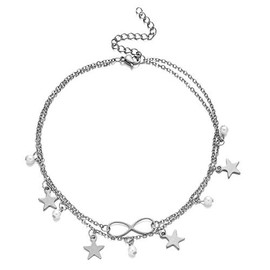 Stainless Steel Double Layer Anklet Personality Tassel Star Pearl 8 Characters Adjustable Anklet Birthday Gift for Women, Stainless Steel