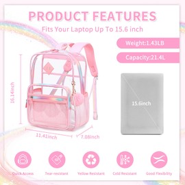 MUSEVOS Clear Backpack Heavy Duty Transparent Backpack for School Clear Bags with Wider Shoulder Straps See Through Plastic Bags Sport Events Concert Stadium-Pink