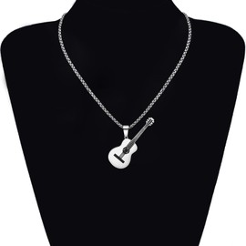 DUOWEI Cute Stainless Steel Music Guitar Necklace Fashion Guitar Jewellery for Women Men Girls, Stainless Steel, Cubic Zirconia