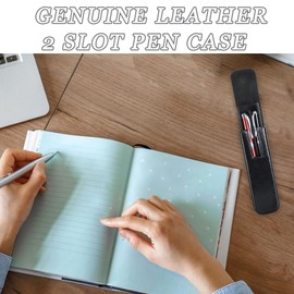 Leather Small Pen Case 2 Slot Pens Holder for Men Contacts Fountain Pens Pouch Travel Office Stationery Storage Organizer by Handmade (Black)