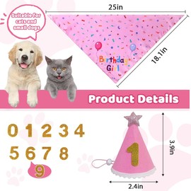 Birthday Hat Scarf Set for Small Dogs and Cats, Bandana Cat Birthday Hat with Numbers Cat Birthday Bib Cute Pet Birthday Party Supplies (Pink)