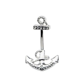 Pierced Owl 14G 316L Stainless Steel CZ Crystal Gemmed Anchor In and Out Belly Button Ring, Stainless Steel