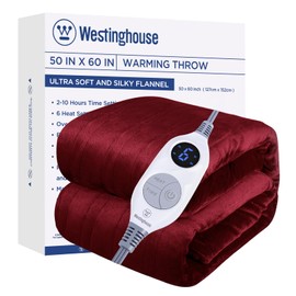 Westinghouse Electric Blanket Heated Throw, Super Cozy Soft Flannel 50" x 60" Heated Throw with 6 Fast Heating Levels & 2-10 Auto-Off, Machine Washable, ETL&FCC Certification, Home Office Use, Red