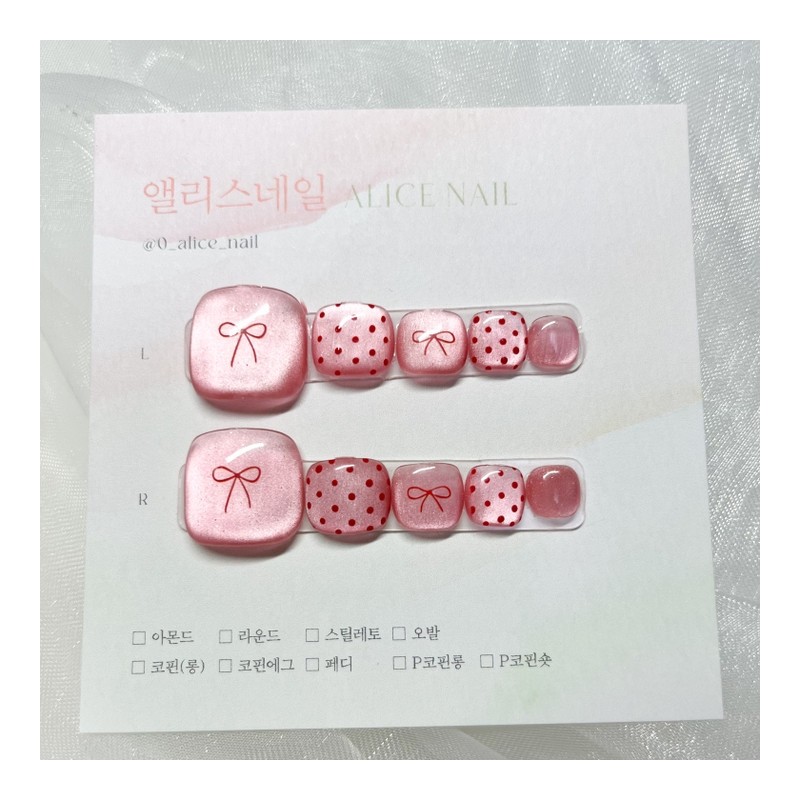[Handmade Nail Tips] Summer Daily Pedi Tips Pink Ribbon -
