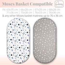 Moses Basket Fitted Sheets – 100% Cotton, Soft & Breathable Baby Bedding Set – 2-Pack Snug Fit Bassinet Sheets for Moses Baskets & Prams - Fits Mattresses Up to 76x36cm (Planets & Stars)
