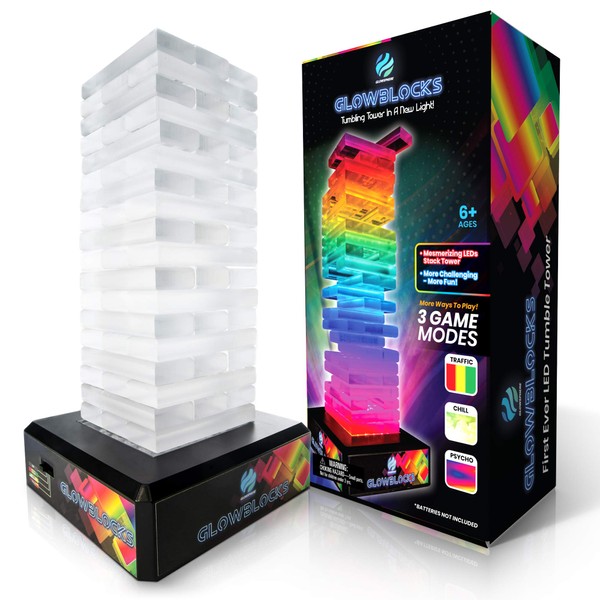 Glowblocks Light-Up Tumbling Tower Game, First Ever LED Building Blocks Stacking Game, Indoor Board Game for Kids and Adults for Family Game Night