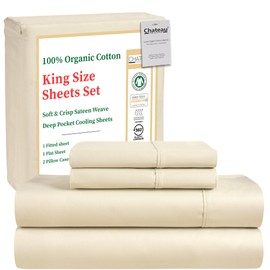 100% Organic Cotton King Size Sheets Set - Luxury Sateen Weave 300 TC 4 Piece Deep Pocket King Sheets Fits Upto 17", GOTS Certified Naturally Cool Soft Breathable & Comfy Sheet & Pillowcase Sets,- Tan