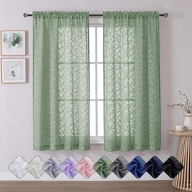 Chyhomenyc Sage Green Sheer Curtains 63 Inch Length 2 Panels Set, Soft Light Filtering Curtains for Living Room Bedroom, Leaf Clip Jacquard Rod Pocket Farmhouse Curtains, 42Wx63L Inches, 2 Panels