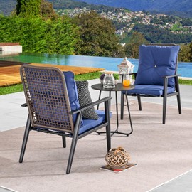 TOP HOME SPACE 3 Pieces Patio Furniture Set Outdoor Wicker Bistro Rattan Chair Conversation Sets with Cushions & Coffee Table for Porch Lawn Garden Backyard(Blue)