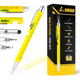 Dad Gifts for Men, Unique Gifts for Men,Multi-Tool Pen Set,Multitool Pen with LED Pen Light, Stylus, Ruler, Level, Bottle Opener, Screwdriver, Ballpoint (Yellow)