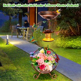 YADOOLIFE 37.8" Bird Bath and Solar Bird Feeders Combo with Flower Planter Pedestal, Metal Bird Baths for Outdoors, Decorative Birdbath with Butterfly for Outside Garden Yard, Weather Resistant