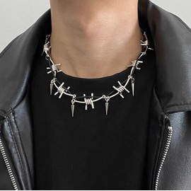 Statement Chunky Barbed Wire Thorns Choker Punk Gothic Spike Rivet Charm for Women Men Goth Hip Hop Short Black Leather Rope Necklace Studded Pendant Harajuku Streetwear Cool Rock Biker Jewelry