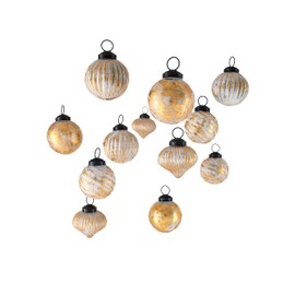 Serene Spaces Living Set of 12 Tinted Gold Foil Eclectic Glass Ornaments, Golden Ornaments in Various Shape & Style, Glitter Gold Accessories for Christmas Tree Decorations, Holidays, 2" Dia & 2" Tall