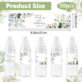 URROMA Wedding Water Bottle Labels, 50Pcs Glossy Floral Waterproof Wrappers Wraparound Rectangle Label Thank You Stickers for Bridal Shower Birthday