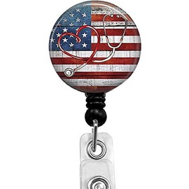 Retractable ID Card Badge Holder with Alligator Clip, Name Nurse Decorative Badge Reel Clip on Card Holders (Stethoscope and American Flag)