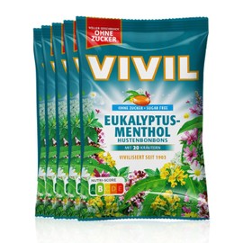 VIVIL Eucalyptus Menthol with 20 Herbs, 5 Bags, Cough Drops with Eucalyptus Flavour, Sugar-Free & Vegan, 5 x 120 g