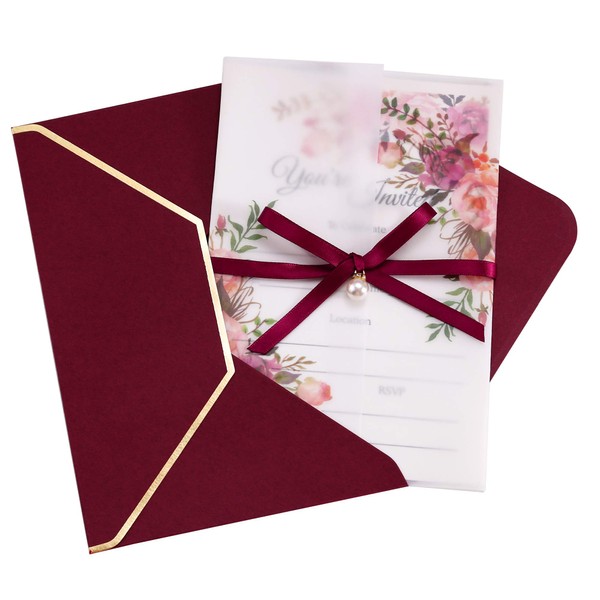 DORIS HOME 25PCS Burgundy Invitations Cards with Envelopes and Fill-in Inner Sheets for Bridal Shower Invite, Baby Shower Invitations, Wedding, Rehearsal