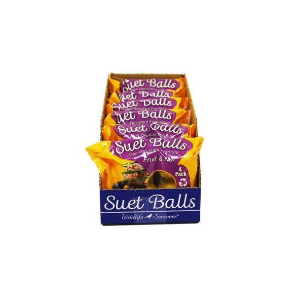 Wildlife Sciences Suet Balls 24 Pack, 6 Individually Wrapped Packs of 4 Bird Suet Balls (Fruit & Nut)