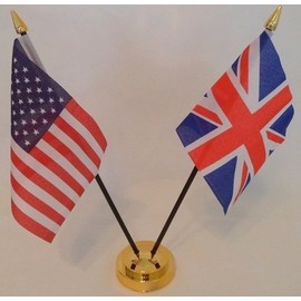 USA United States Of America Union Jack 2 Flag Friendship Table Display With Gold Base