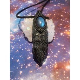 The Wizard Necklace Mens Crystal Pendant. Symbol of the Magician, Sage and Wise Old Man. Unique Pagan Magic Crystal Jewelry Gifts for Men (Black Base, Blue Labradorite)