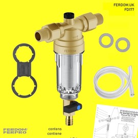 FERDOM FD177 Pre-Filter Water Filter for Sediments, Reusable. Stainless Steel SS316L, 90 Micron, 1/2" Water Connection, Maximum Flow Rate: 2.5m3-H. Brass Head, Transparent Body