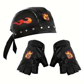 Skull Flame Punk Headband Du Doo Do Rag Hat Men's Rivet Hat with Flame Gloves -  Color: With Rivet and Gloves